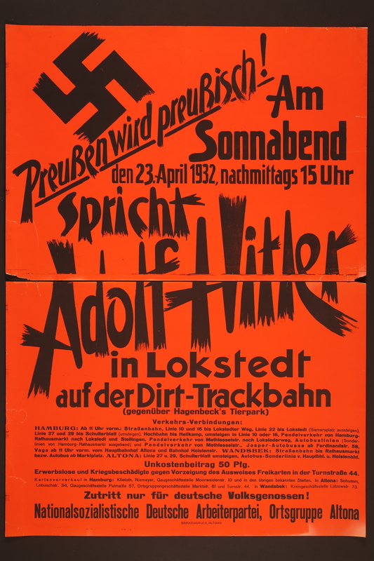 Public poster announcing Adolf Hitler's election speech in Lokstedt